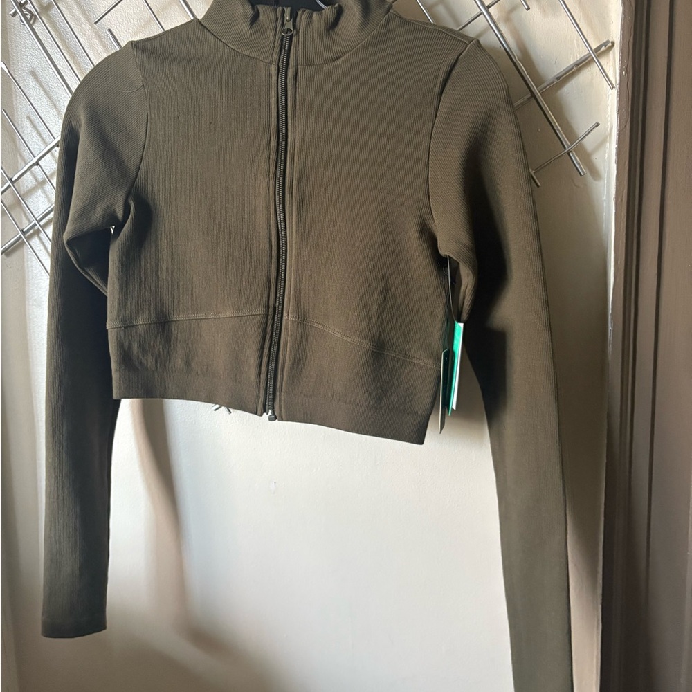 Forever 21 Cropped Zip-Up Bomber Jacket in Olive